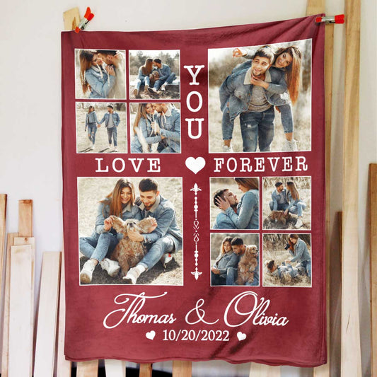 Love You Forever Personalized Couple Blanket With Photo Collage - Custom Romantic Fleece Throw Gift for Anniversary