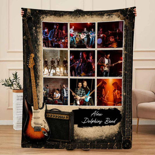 Custom Rock Band Photo Collage Blanket – Personalized Guitar Music Throw among Bandmates