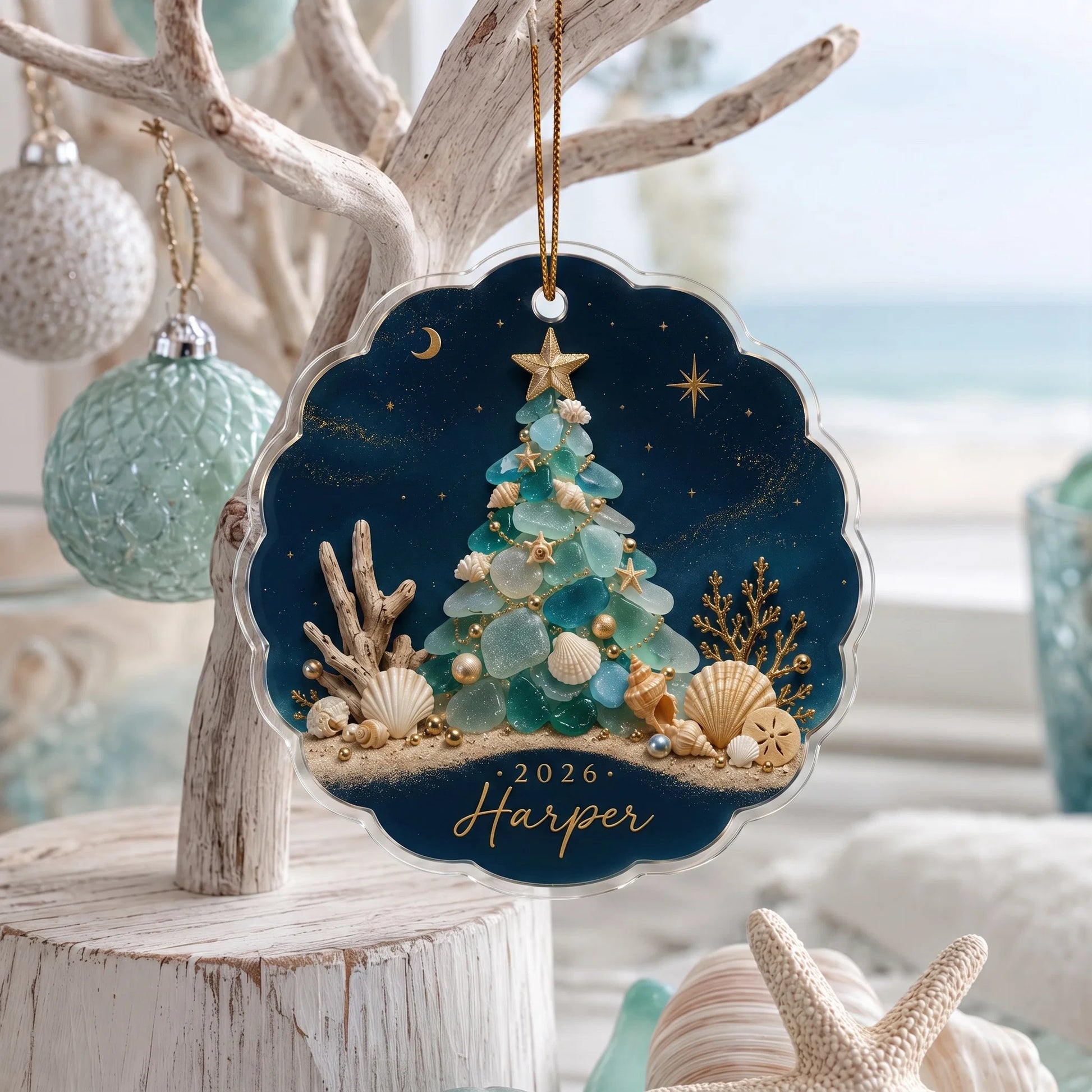 Personalized Sea Glass Christmas Tree Acrylic Ornament - Custom Beach Holiday Keepsake