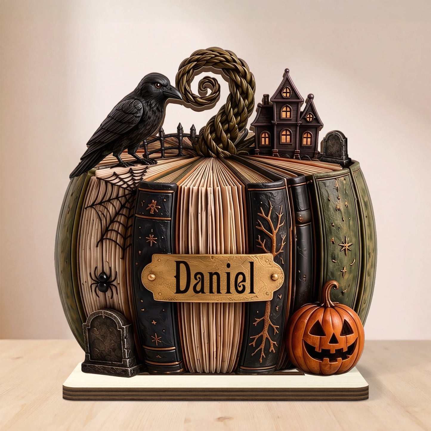 Personalized Pumpkin Book Wooden Plaque - Custom Spooky Halloween Decor Gift