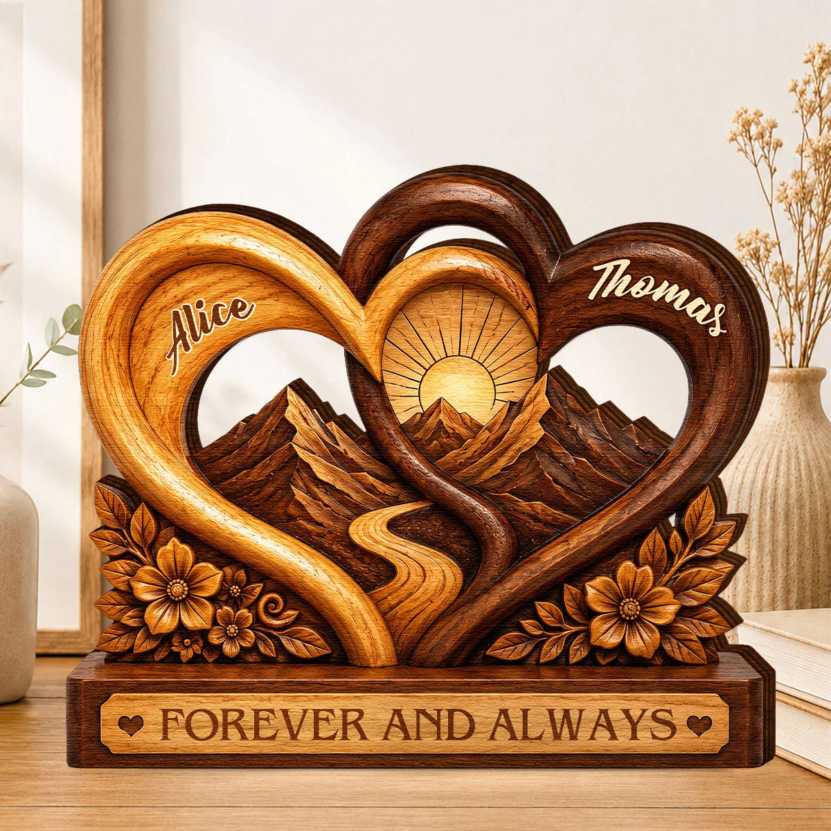 Personalized couple wooden plaque with interlocking hearts, mountains, and Forever and Always quote for wife or husband