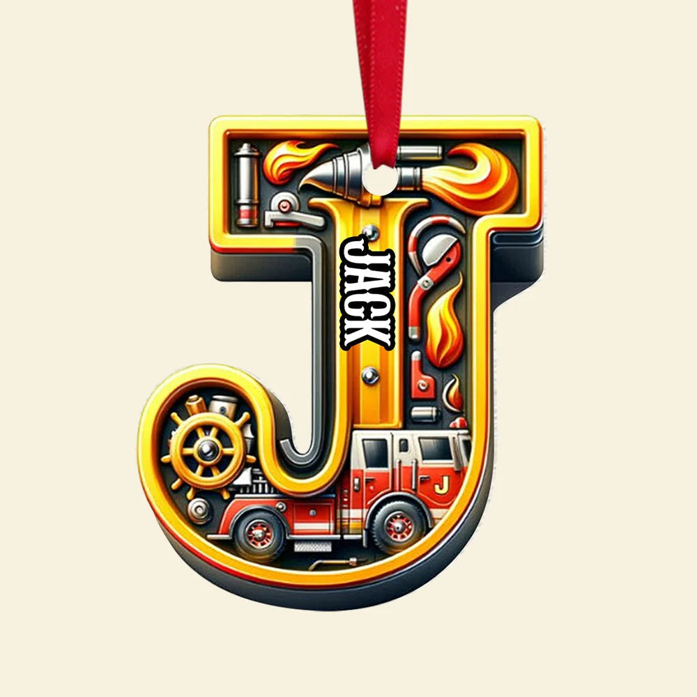 Personalized Fire Truck Letter Christmas Ornament - Custom Name Firefighter Acrylic Keepsake