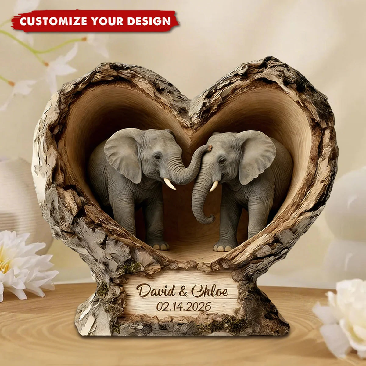 Elephant Heart Custom Shaped Wooden Block - Personalized Anniversary Gift for Couples