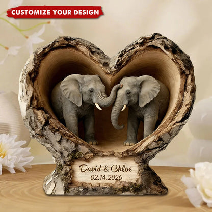 Elephant Heart Custom Shaped Wooden Block - Personalized Anniversary Gift for Couples