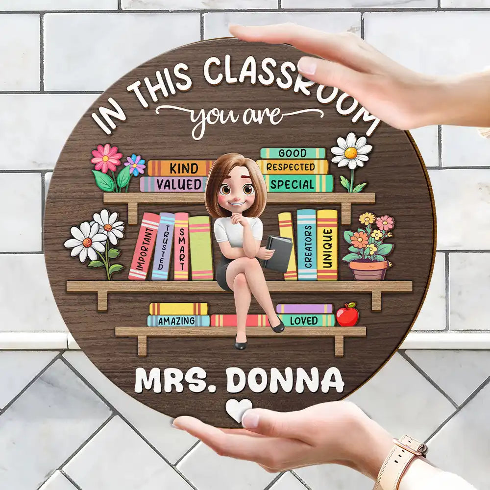 Wood Sign material and size view - Custom Teacher Classroom Door Sign