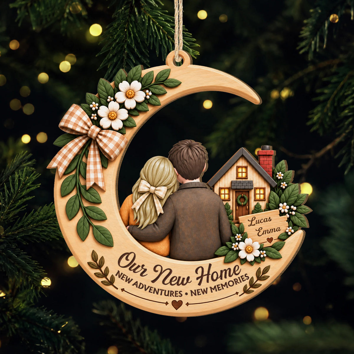 Our New Home New Adventures Personalized Wooden Ornament - Housewarming Gift for Couples