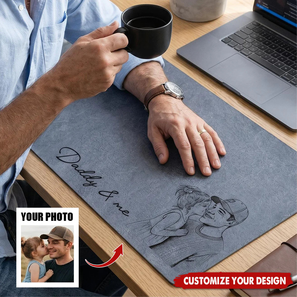 Custom photo sketch leather desk mat featuring Daddy & Me line art illustration for dad