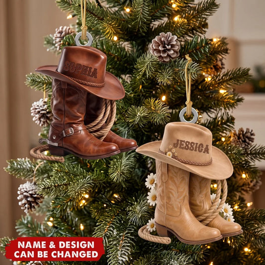 Custom Cowgirl Boot Ornament for Mom with personalized design details for meaningful gifting
