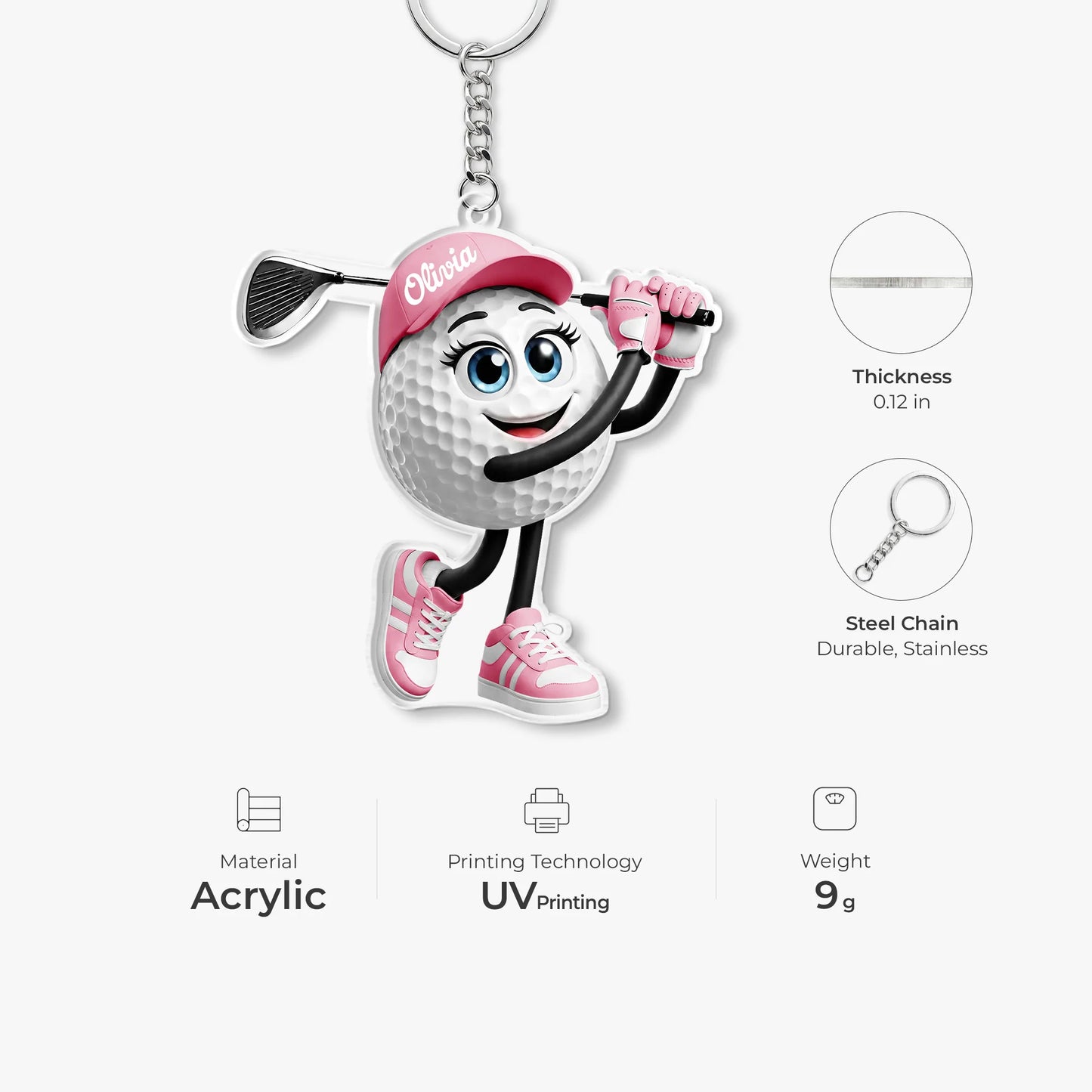 Keychain material and size view - Custom Golf Keychain