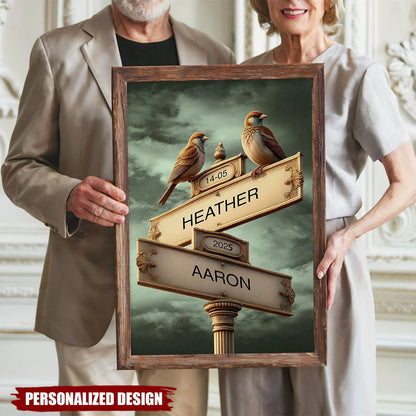 Personalized street sign canvas with custom names and lovebirds - romantic wedding and anniversary gift for couples