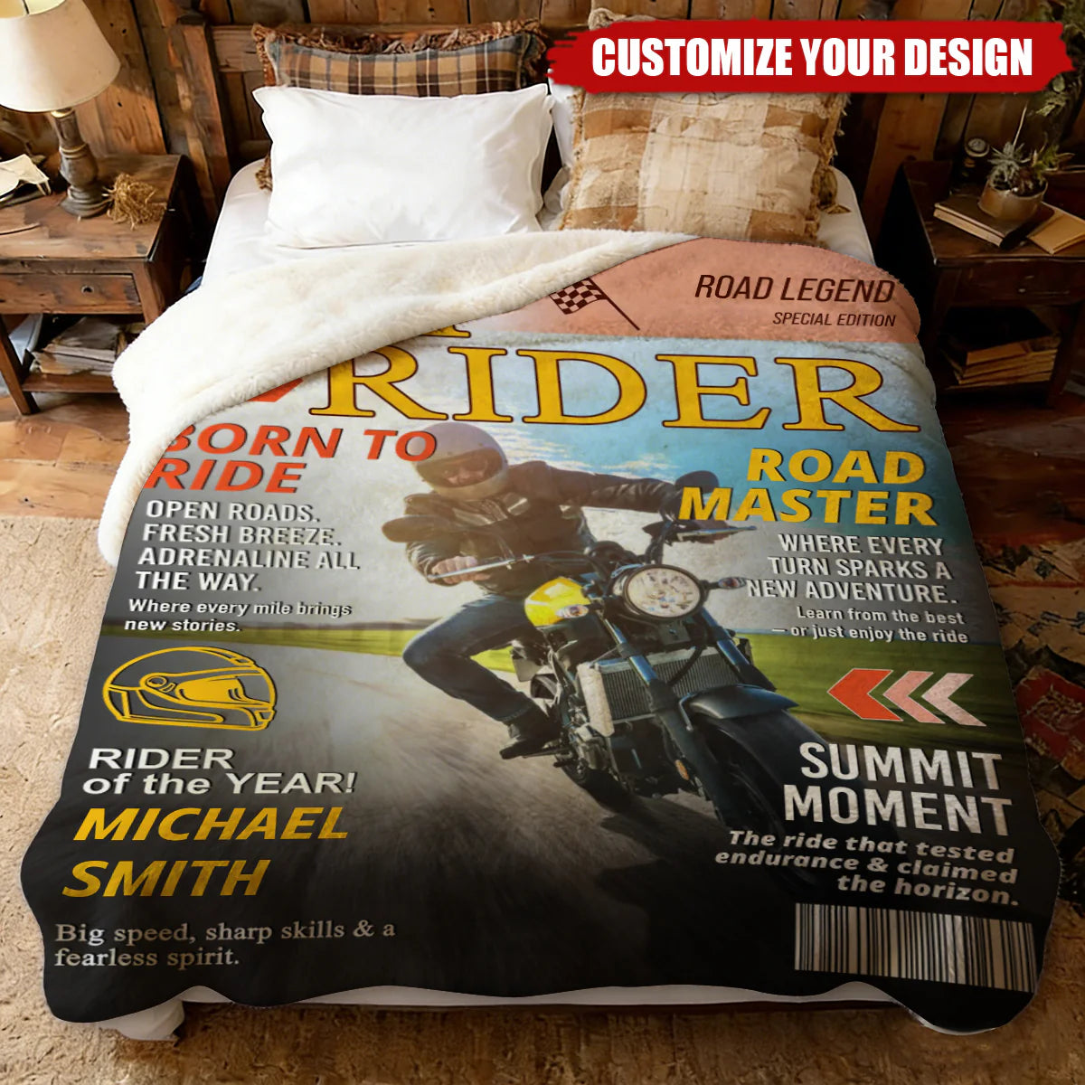 Personalized Motorcycle Rider Blanket personalization view for Dad