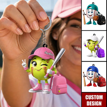 Personalized Baseball & Softball Mascot Acrylic Keychain - Custom Name Gift for Youth Sports Players