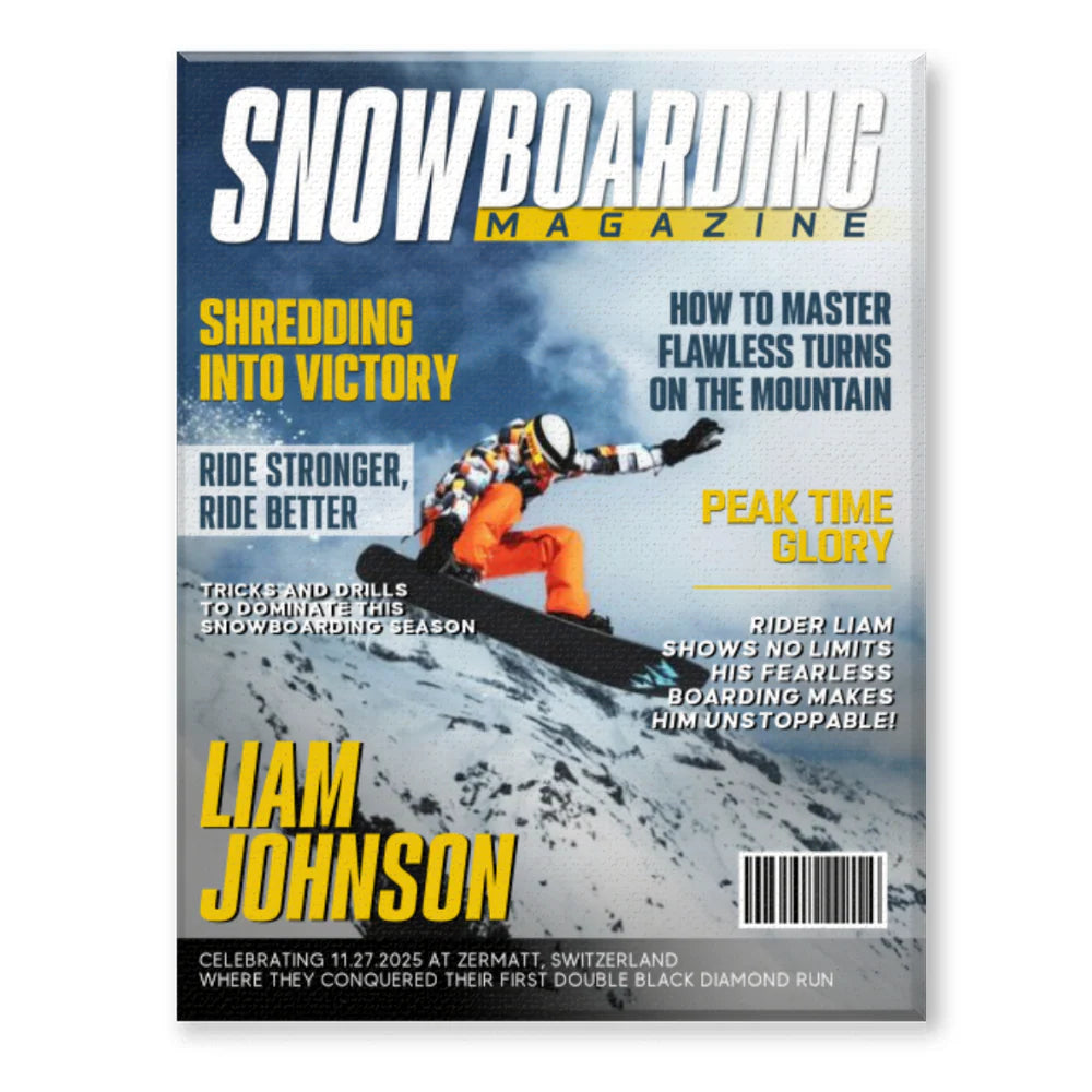 Personalized snowboarding magazine cover canvas with custom rider photo and headline for snowboarding lovers