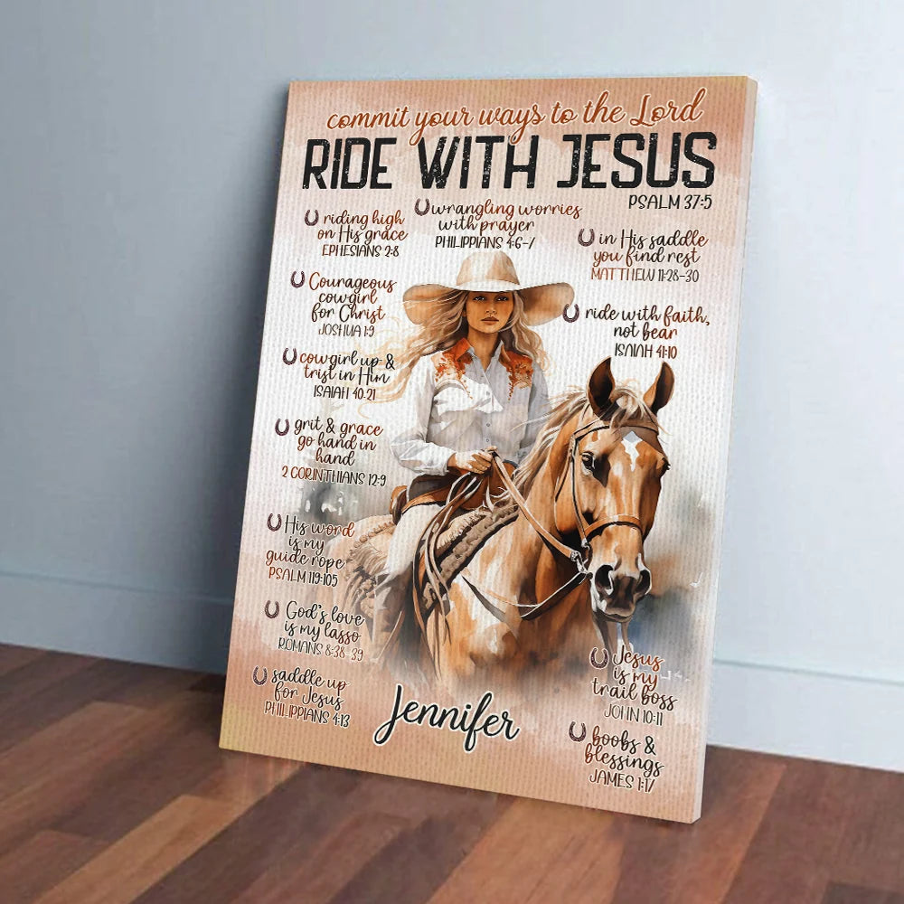Ride With Jesus Personalized Cowgirl Canvas / Poster - Christian Wall Art Gift for Women