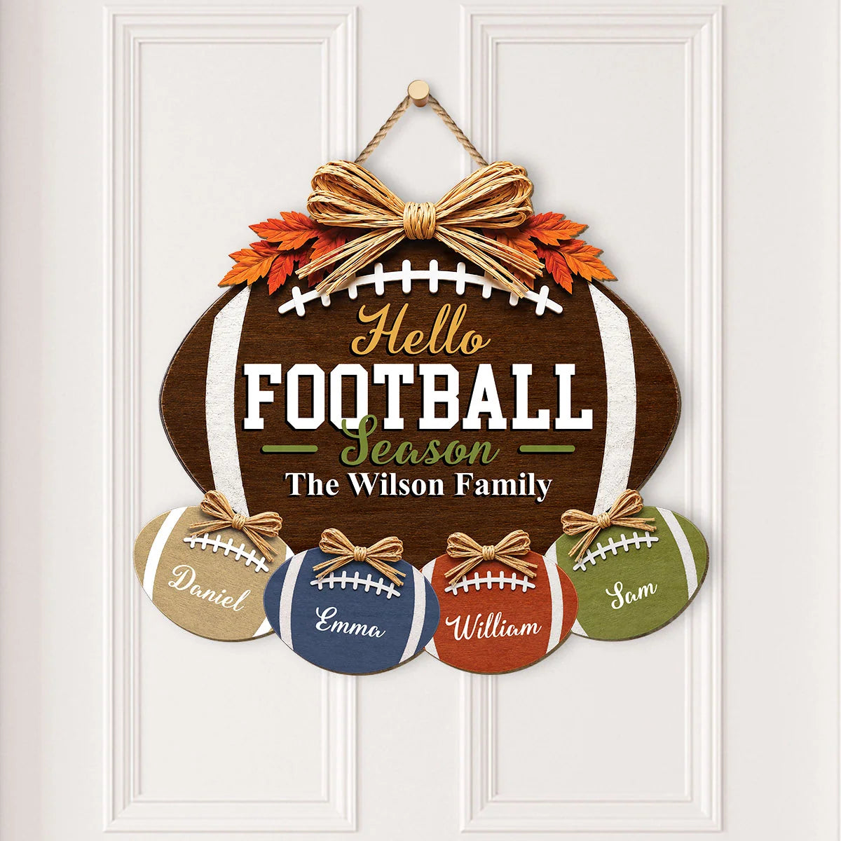 Hello Football Season Wood Sign - Personalized Family Name Door Hanger Decor