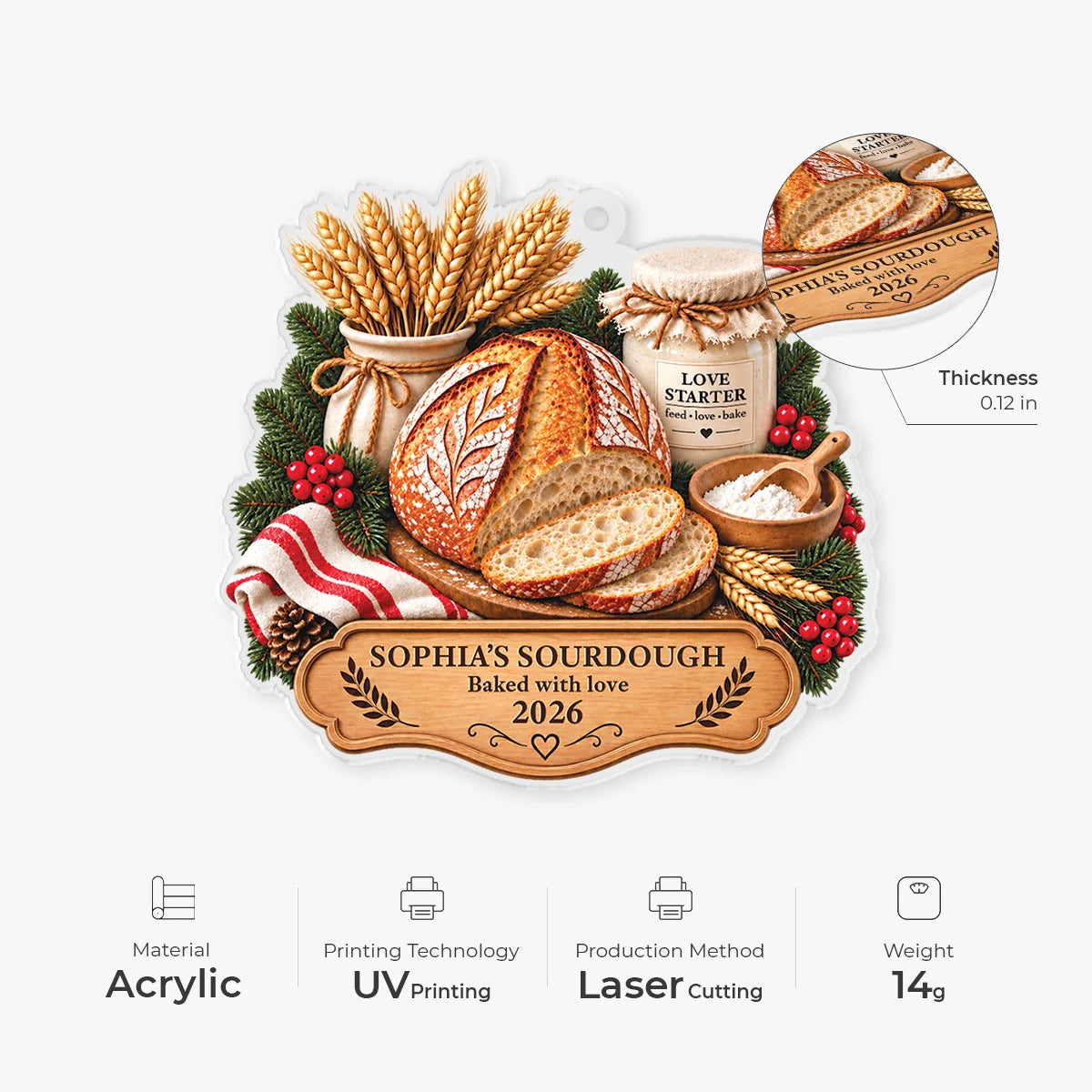 Baked With Love Sourdough Personalized Acrylic Ornament - Custom Bread Baker Gift for Homesteader