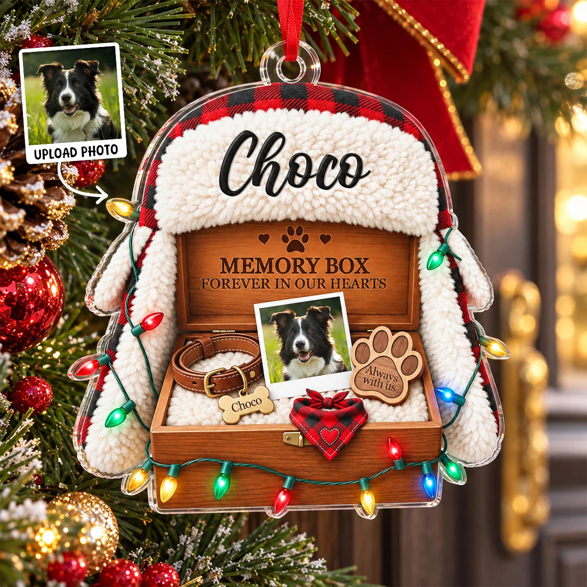 "Memory Box Forever in Our Hearts" Custom Photo Dog Pet Remembrance Acrylic Ornament - Christmas Gift for Pet Lovers