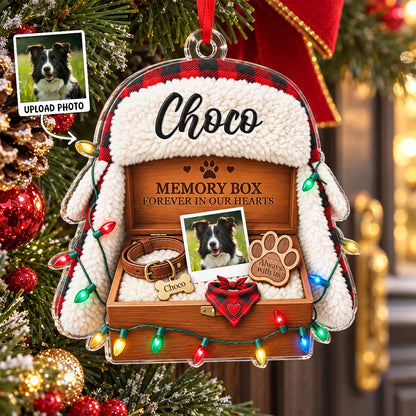 "Memory Box Forever in Our Hearts" Custom Photo Dog Pet Remembrance Acrylic Ornament - Christmas Gift for Pet Lovers