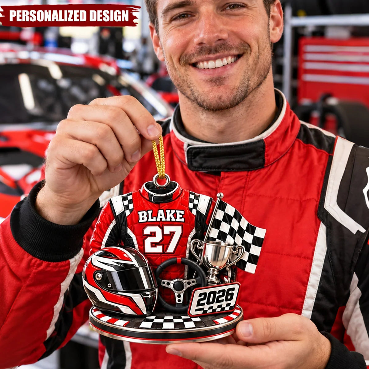 Custom Name Race Car Driver Christmas Ornament - Personalized Racing Suit Gift for Him