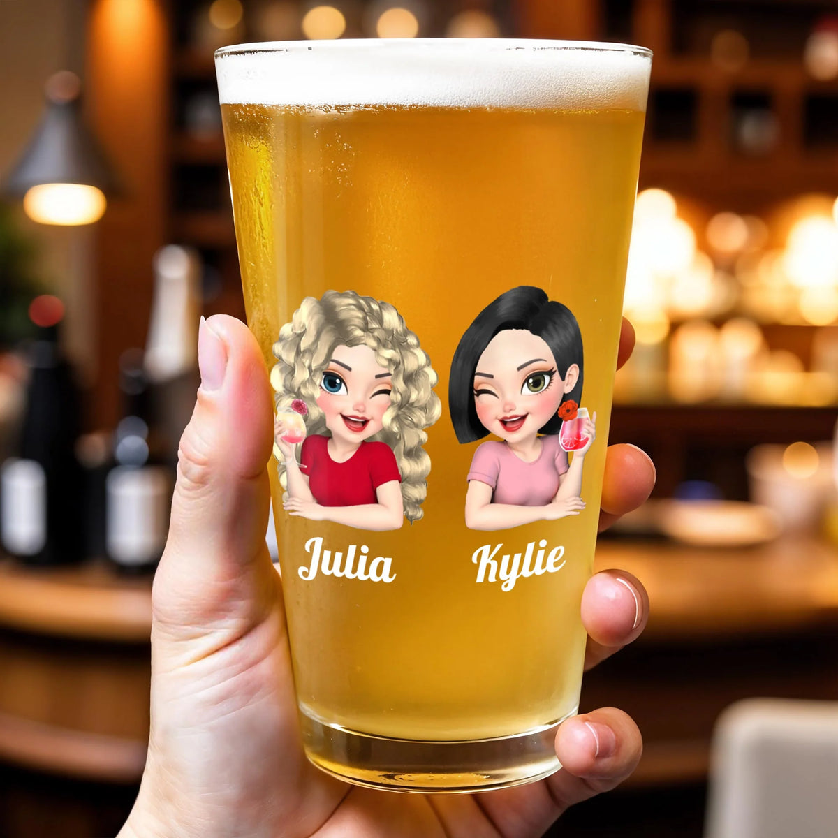Best Bitches Bonding Over Alcohol Personalized Custom Beer Glass - Funny BFF Birthday Keepsake Gift for Best Friends