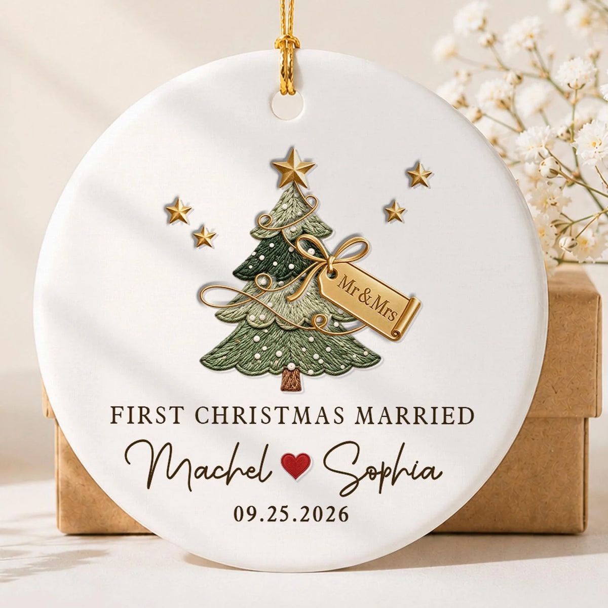 First Christmas Married Personalized Ceramic Ornament for Couples - Custom Newlywed Gift with Names and Date