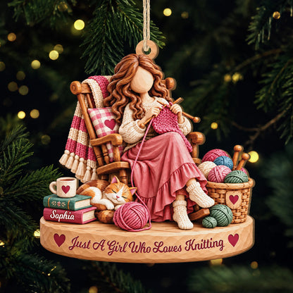 Just A Girl Who Loves Knitting Personalized Wooden Ornament - Custom Craft Gift for Her