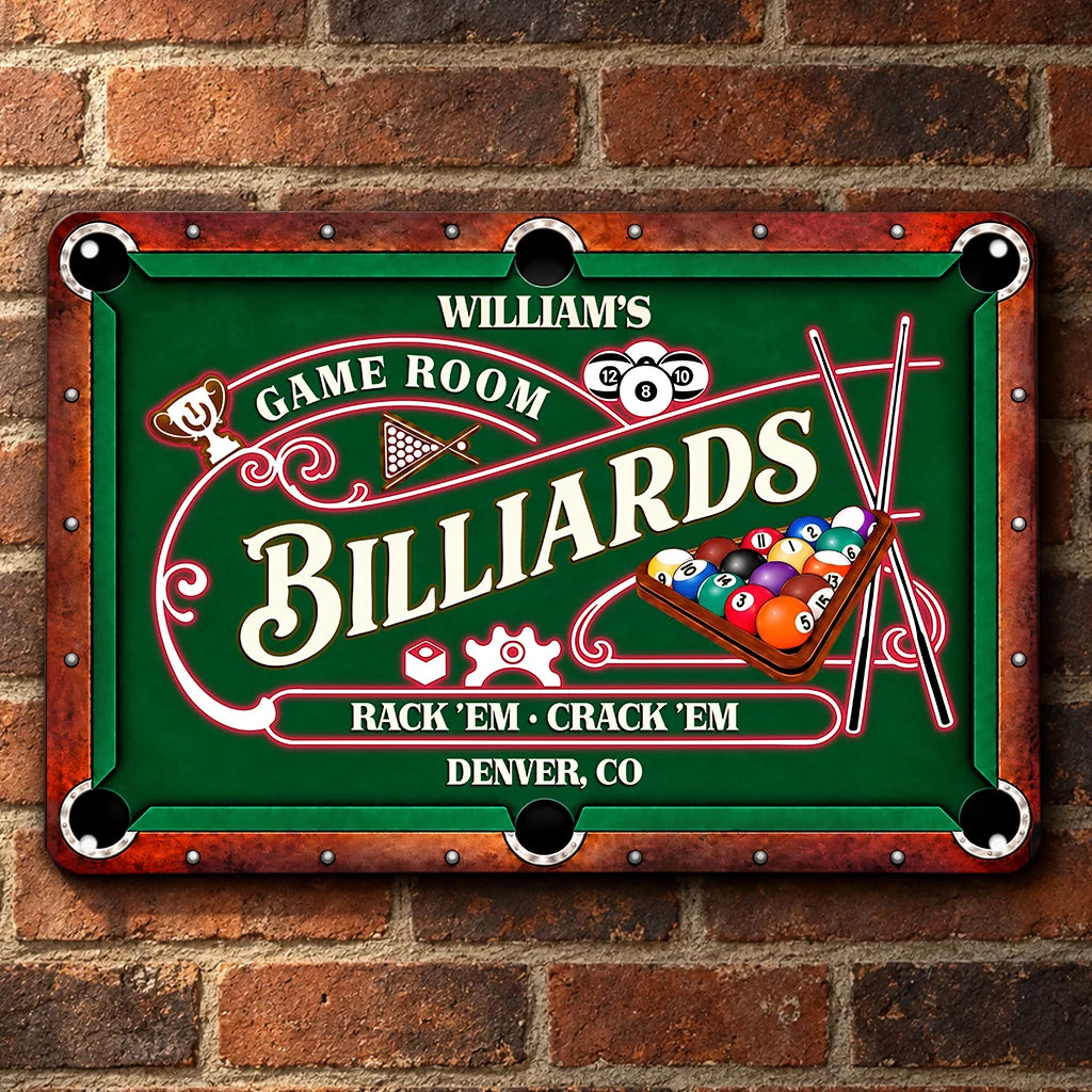 Rack 'Em Crack 'Em Personalized Billiards Metal Sign - Custom Game Room Decor for Dad