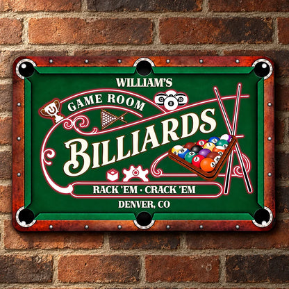 Rack 'Em Crack 'Em Personalized Billiards Metal Sign - Custom Game Room Decor for Dad