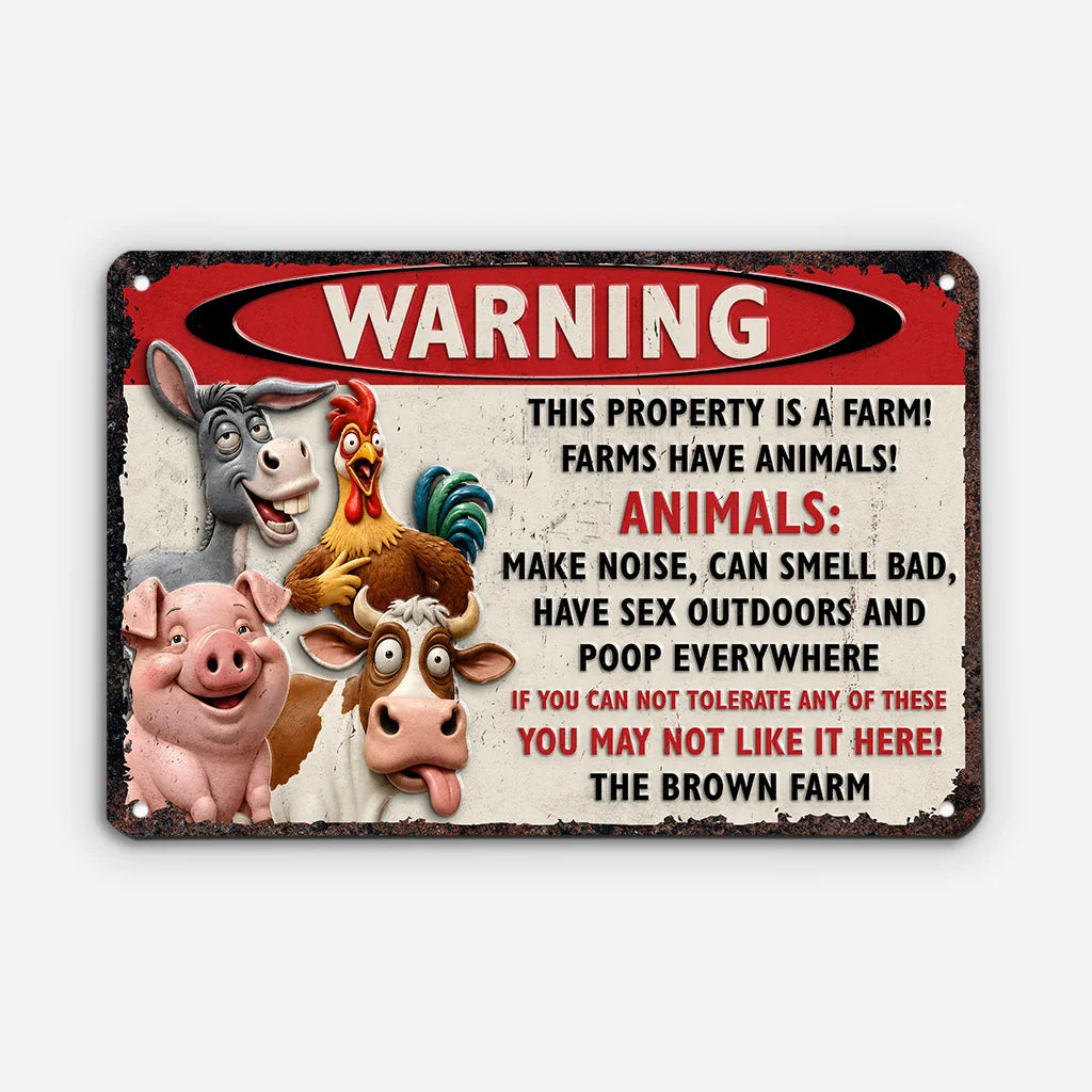 Warning This Property Is A Farm - Personalized Metal Sign for Family Farmhouse Decor