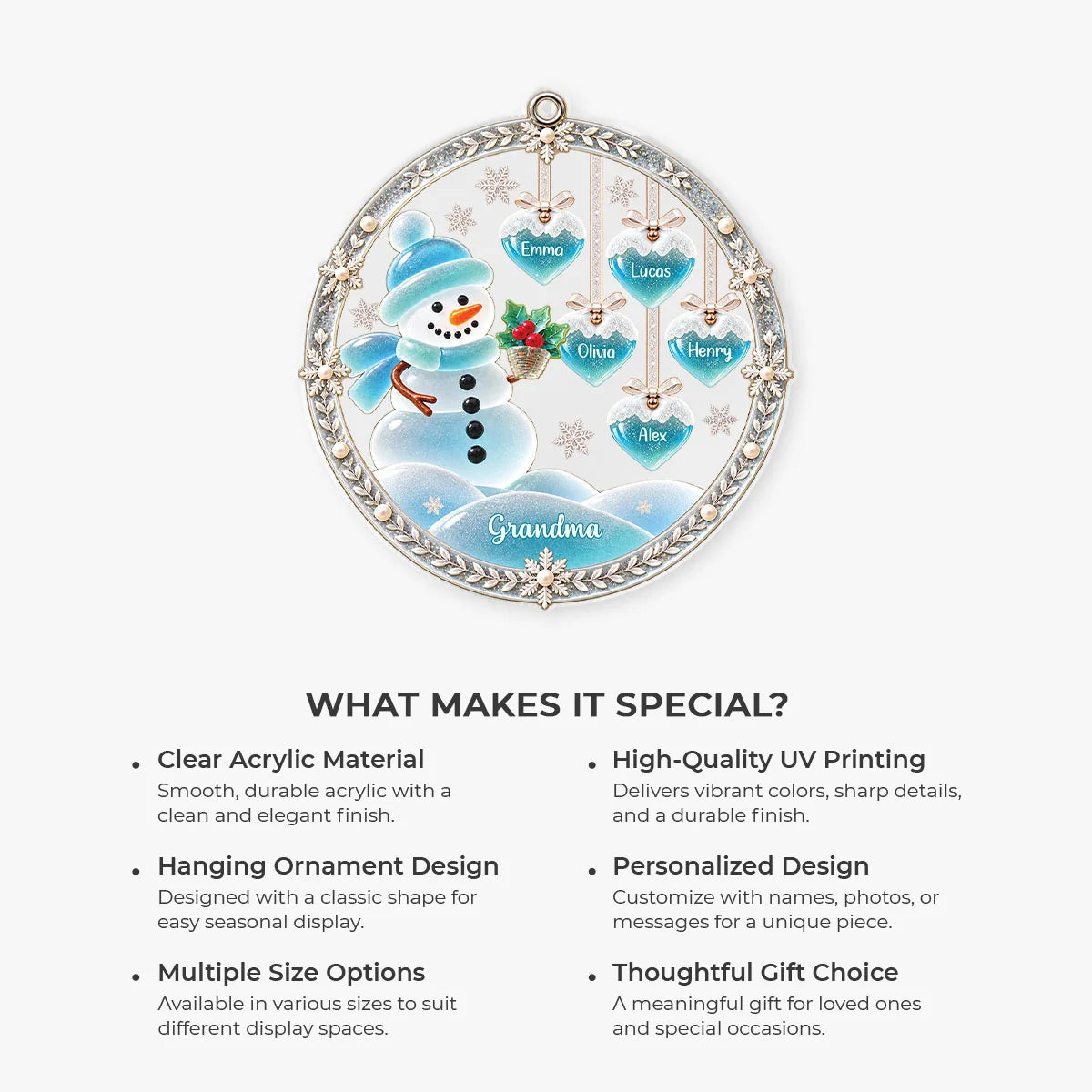 Snowman Family Personalized Acrylic Ornament - Grandma Mom Custom Christmas Gift