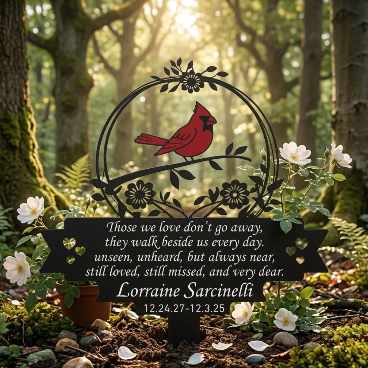 "Those We Love Don't Go Away" Cardinal Memorial Garden Stake - Personalized Metal Sign for Yard & Cemetery