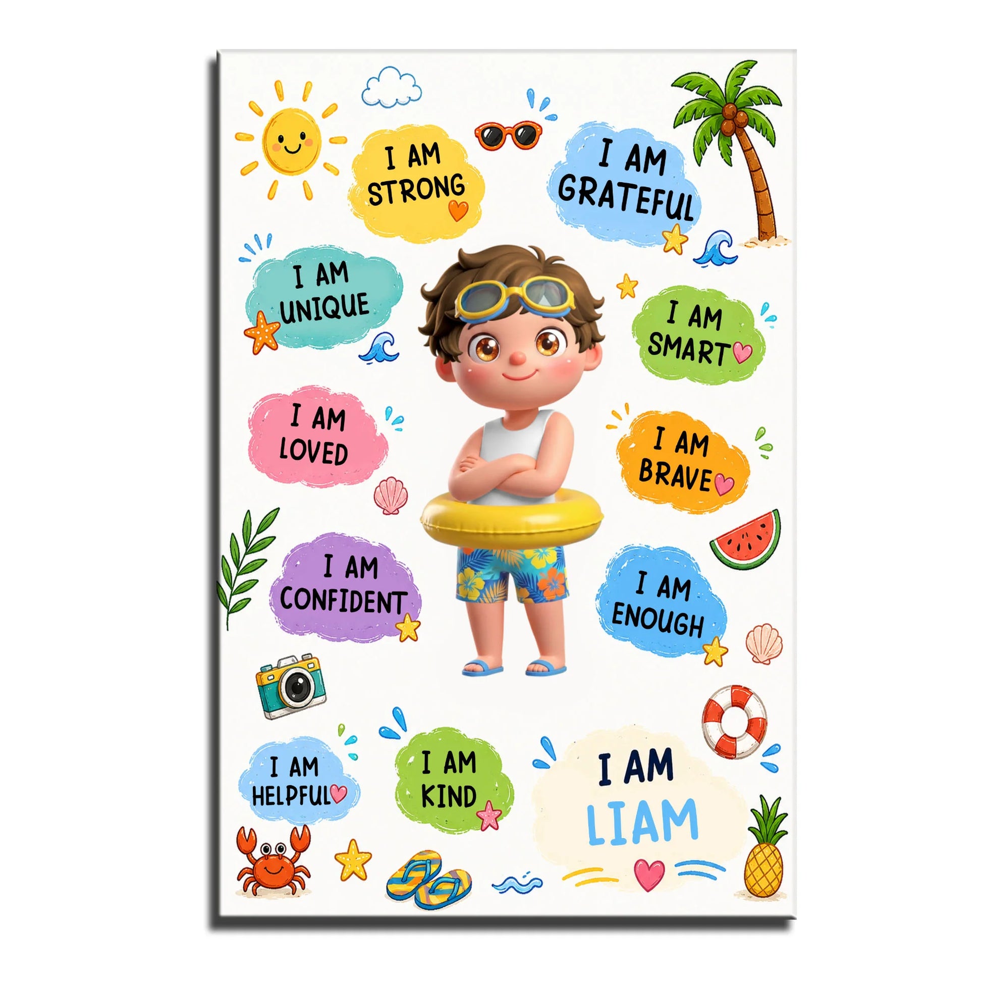Personalized kids positive affirmations poster with custom name and cartoon boy beach theme print image 8