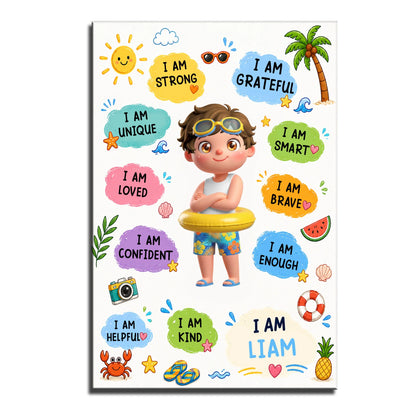 Personalized kids positive affirmations poster with custom name and cartoon boy beach theme print image 8
