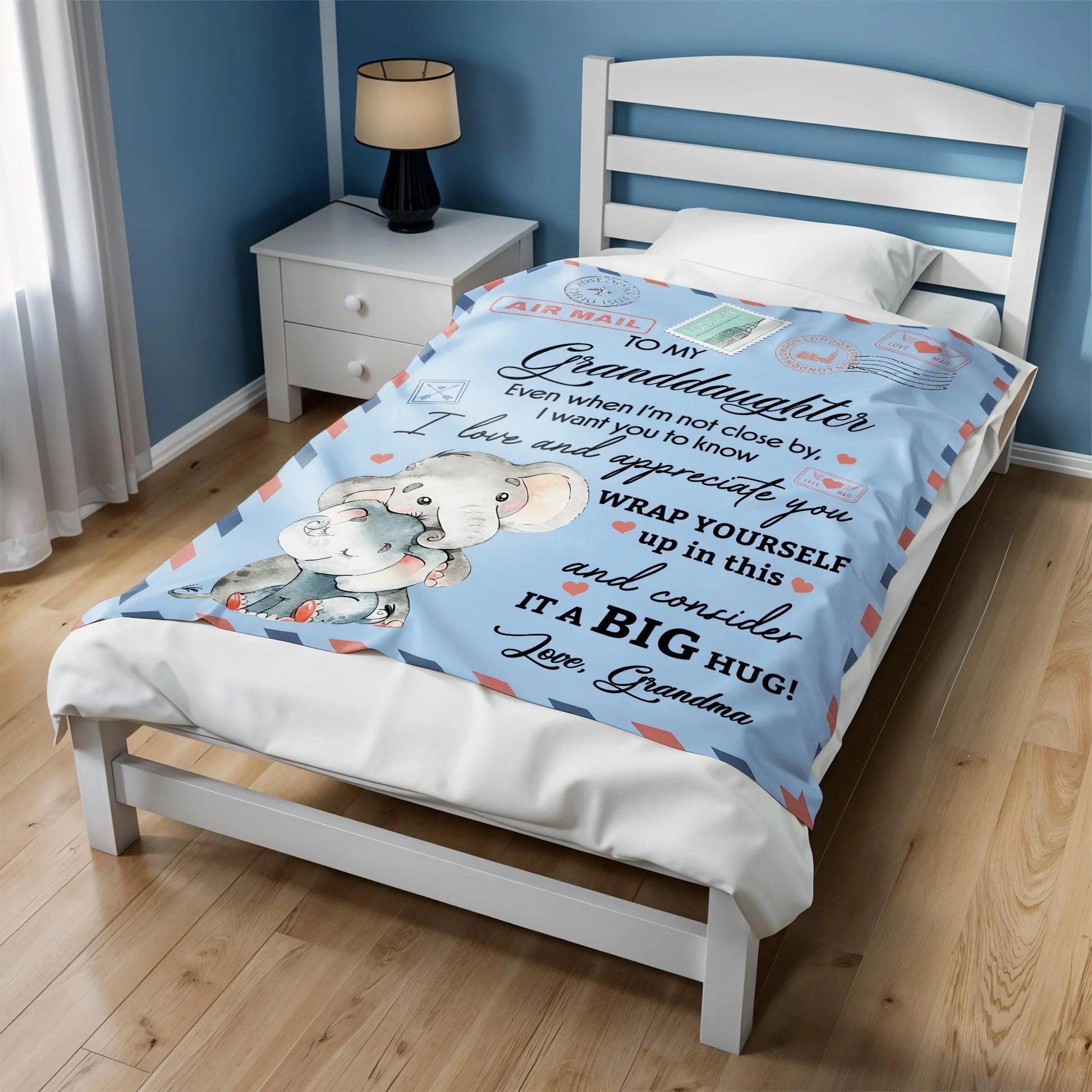Personalized granddaughter blanket featuring cute hugging elephants airmail print gift from grandma image 7