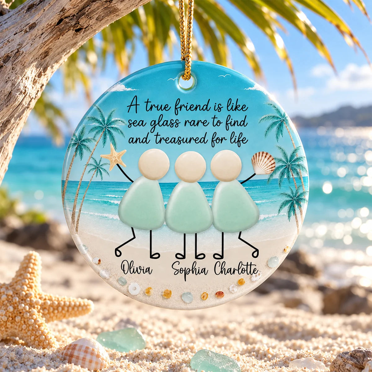 "A True Friend Is Like Sea Glass" Custom Name Ceramic Ornament - Personalized Christmas Keepsake Gift for Best Friends