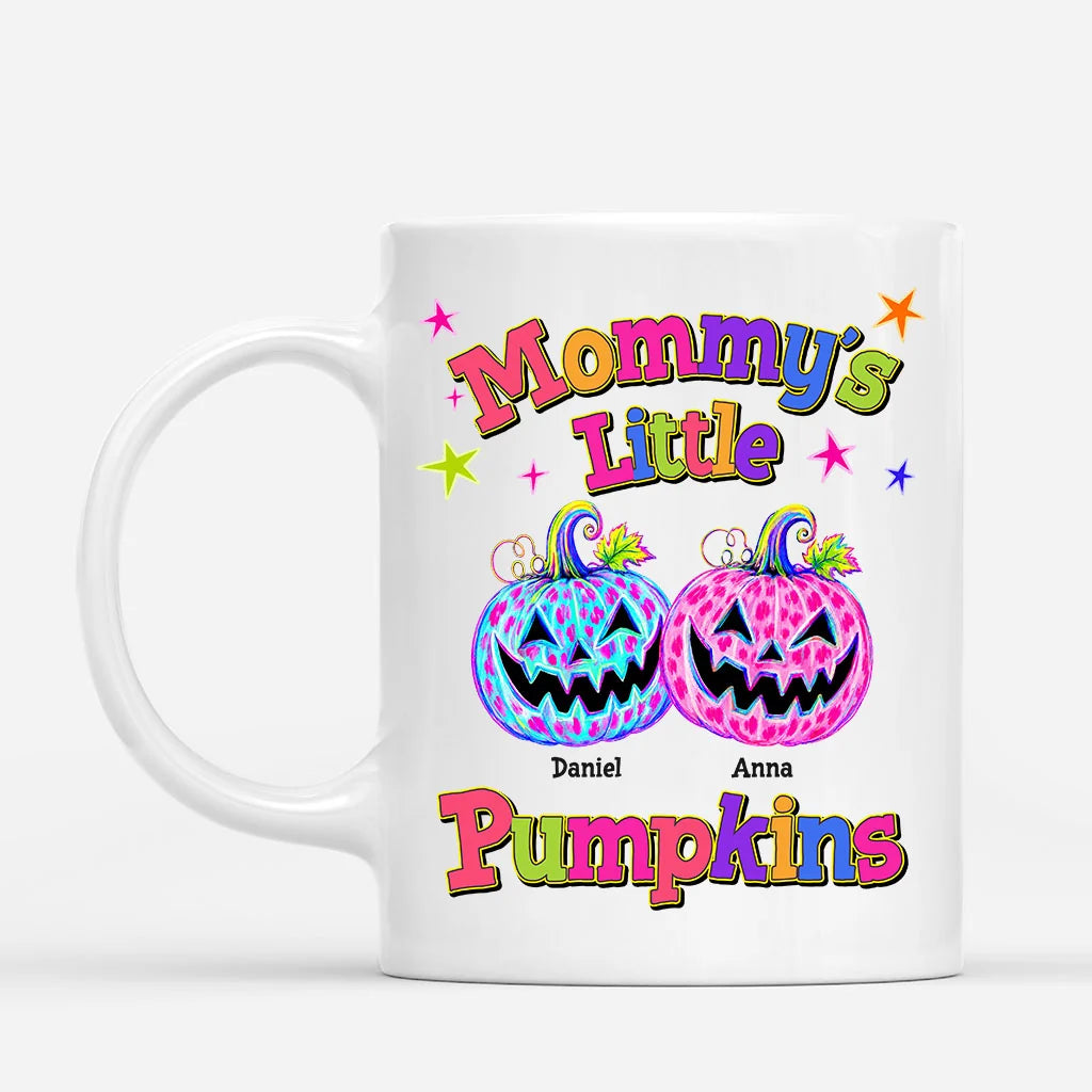 Personalized Halloween mug with custom kids names and leopard print pumpkins for mom