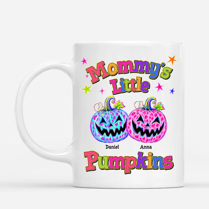 Personalized Halloween mug with custom kids names and leopard print pumpkins for mom