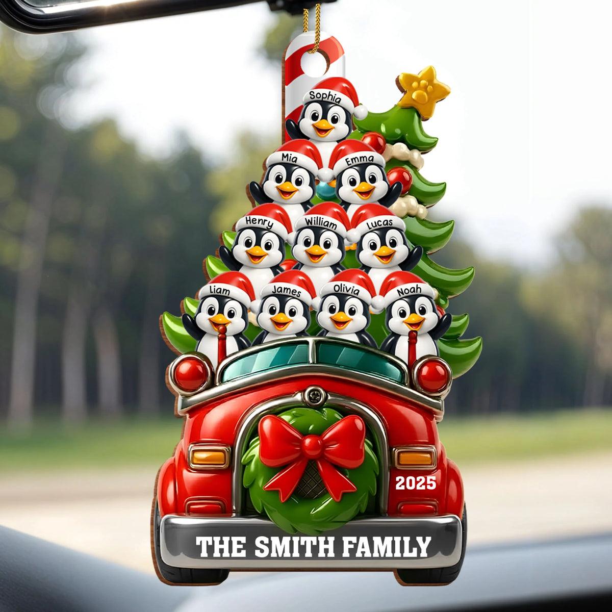 Festive Penguin Car Personalized Christmas Wood Ornament - Family Holiday Keepsake Gift