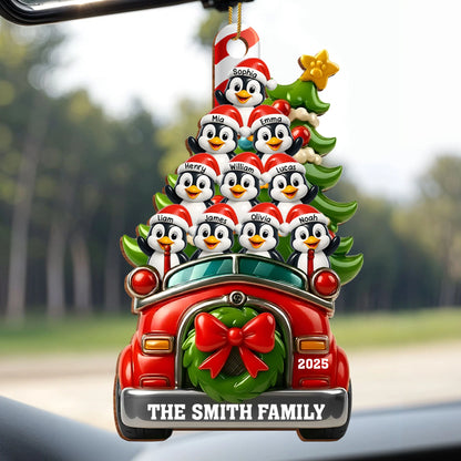 Festive Penguin Car Personalized Christmas Wood Ornament - Family Holiday Keepsake Gift