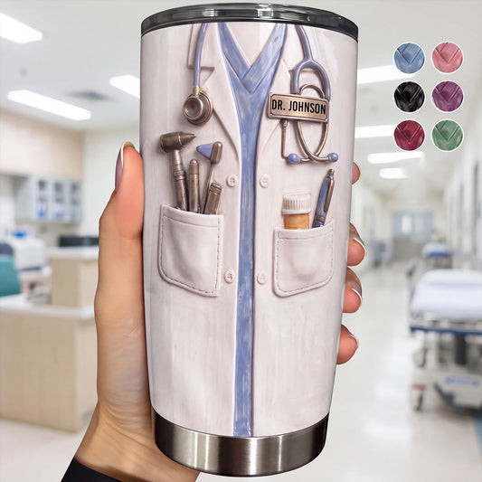 Personalized doctor tumbler featuring 3D style white lab coat stethoscope design with custom name tag for doctors