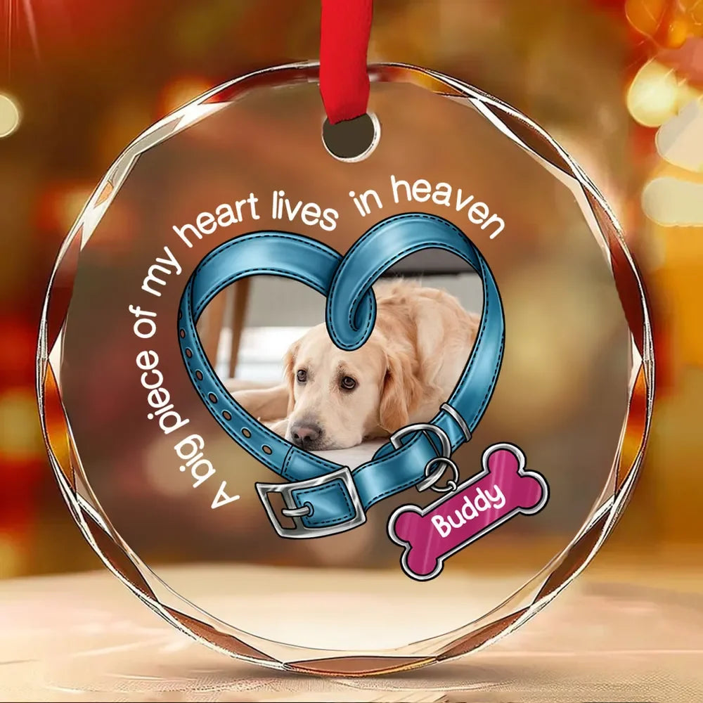 A Big Piece Of My Heart Lives In Heaven - Personalized Dog Memorial Glass Ornament Gift