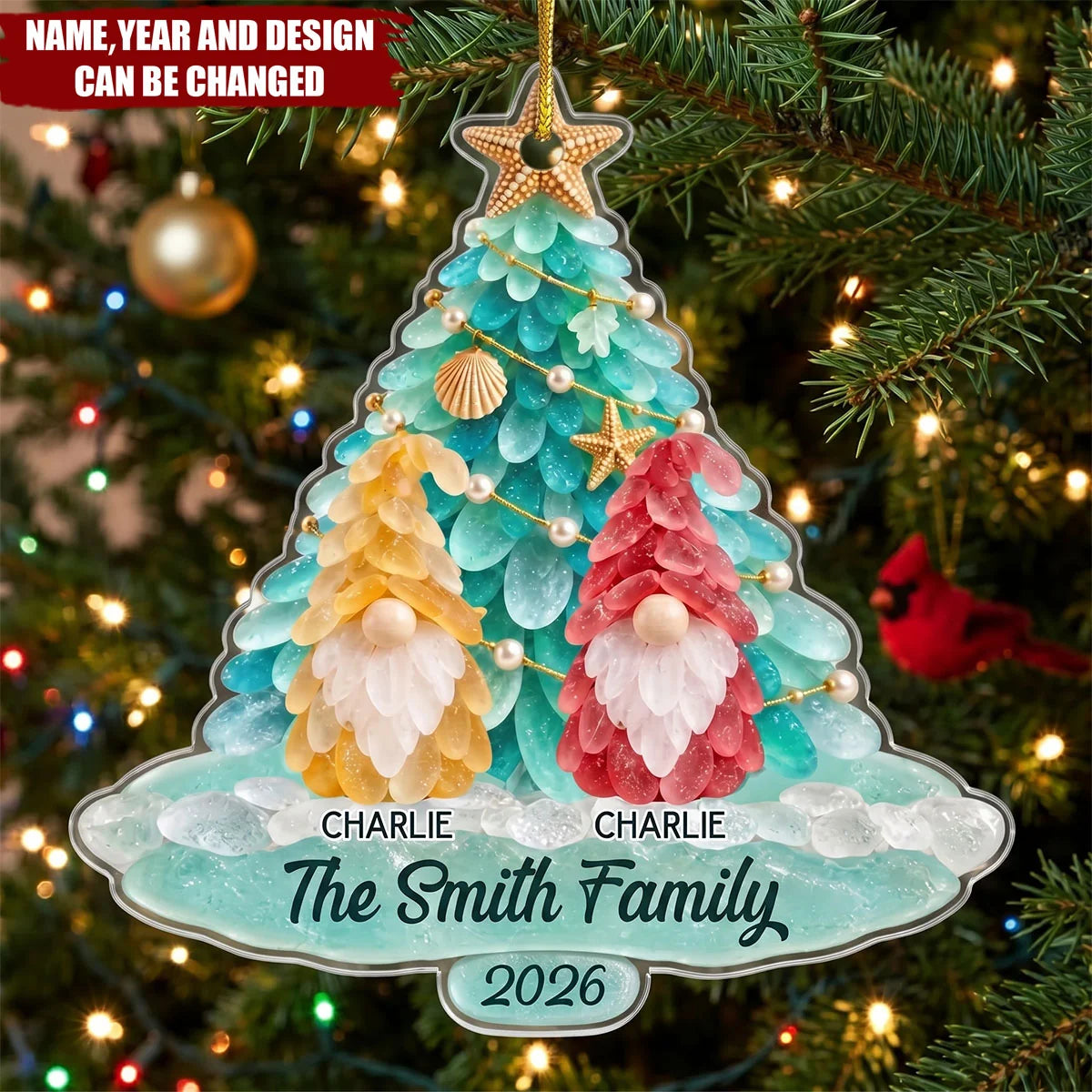 Personalized Coastal Christmas Ornament - Custom Sea Glass Gnome Tree Gift for Family