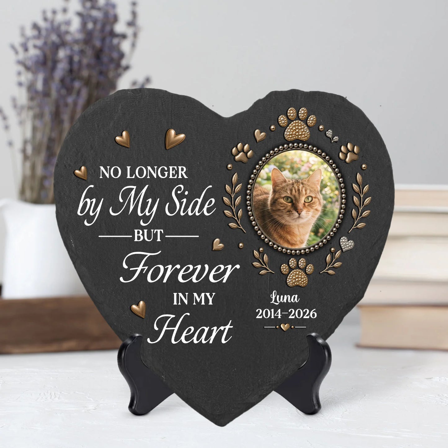No Longer by My Side Forever in My Heart - Personalized Pet Memorial Stone Plaque for Dog Cat Lovers