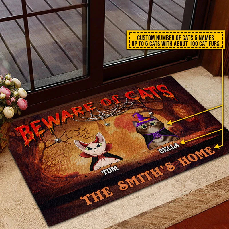 Beware of Cats Personalized Halloween Doormat - Custom Pet Names Fall Welcome Mat for Cat Lovers