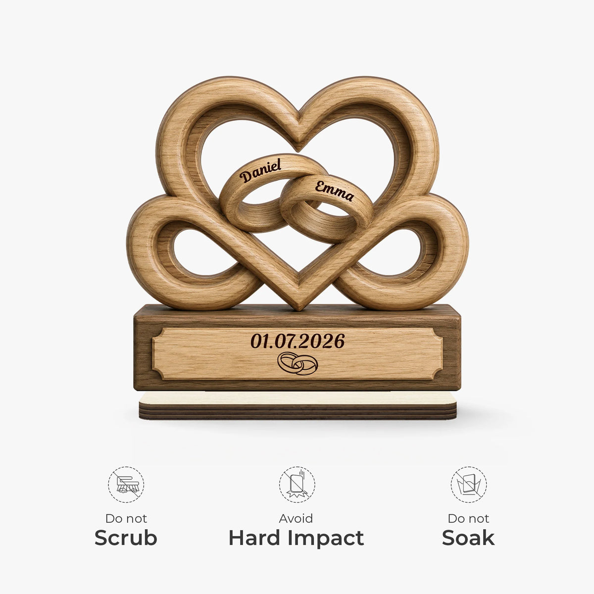 Interlocking Heart Rings Personalized Wooden Plaque - Custom Couple Anniversary Keepsake Gift