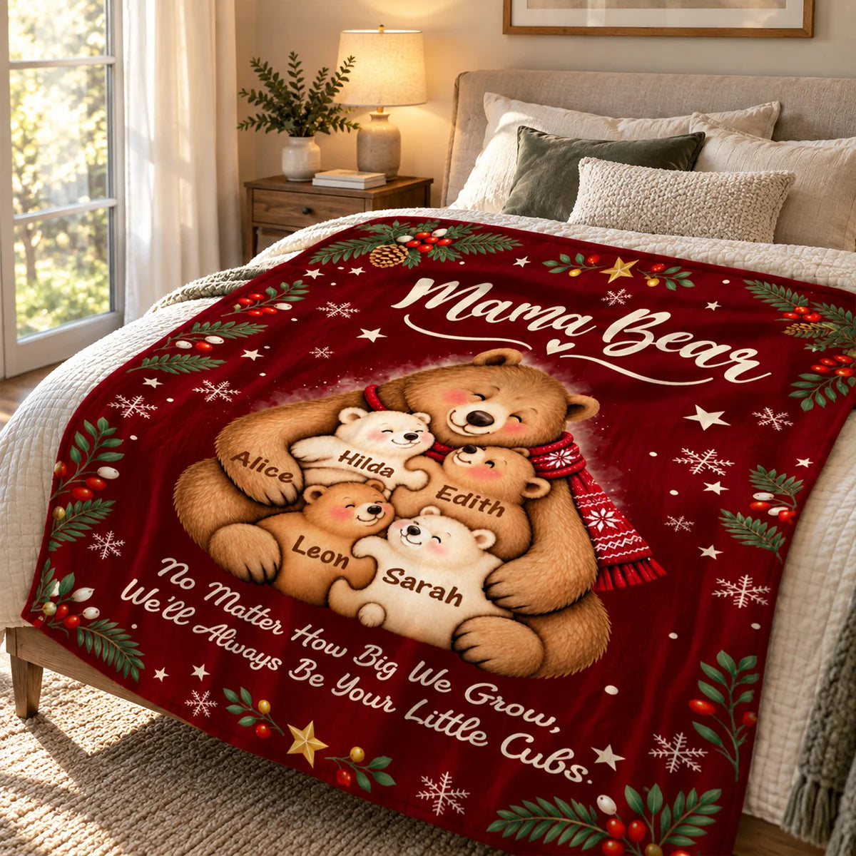 "Always Be Your Little Cubs" Personalized Mama Bear Blanket - Custom Kids' Names Christmas Gift for Mom
