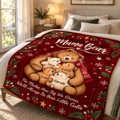 "Always Be Your Little Cubs" Personalized Mama Bear Blanket - Custom Kids' Names Christmas Gift for Mom