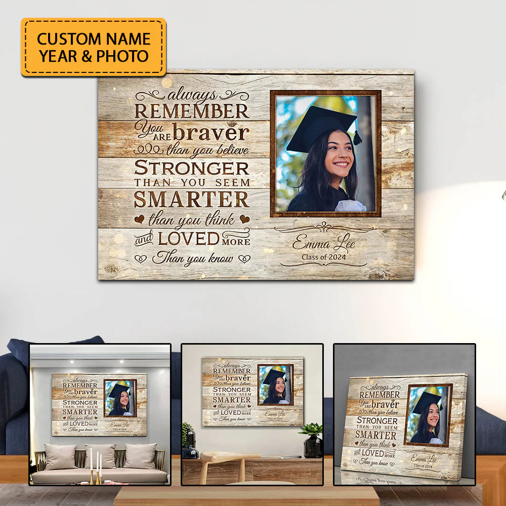 Personalized graduation photo canvas with inspirational quote, custom name Emma Lee, and class of 2024 print