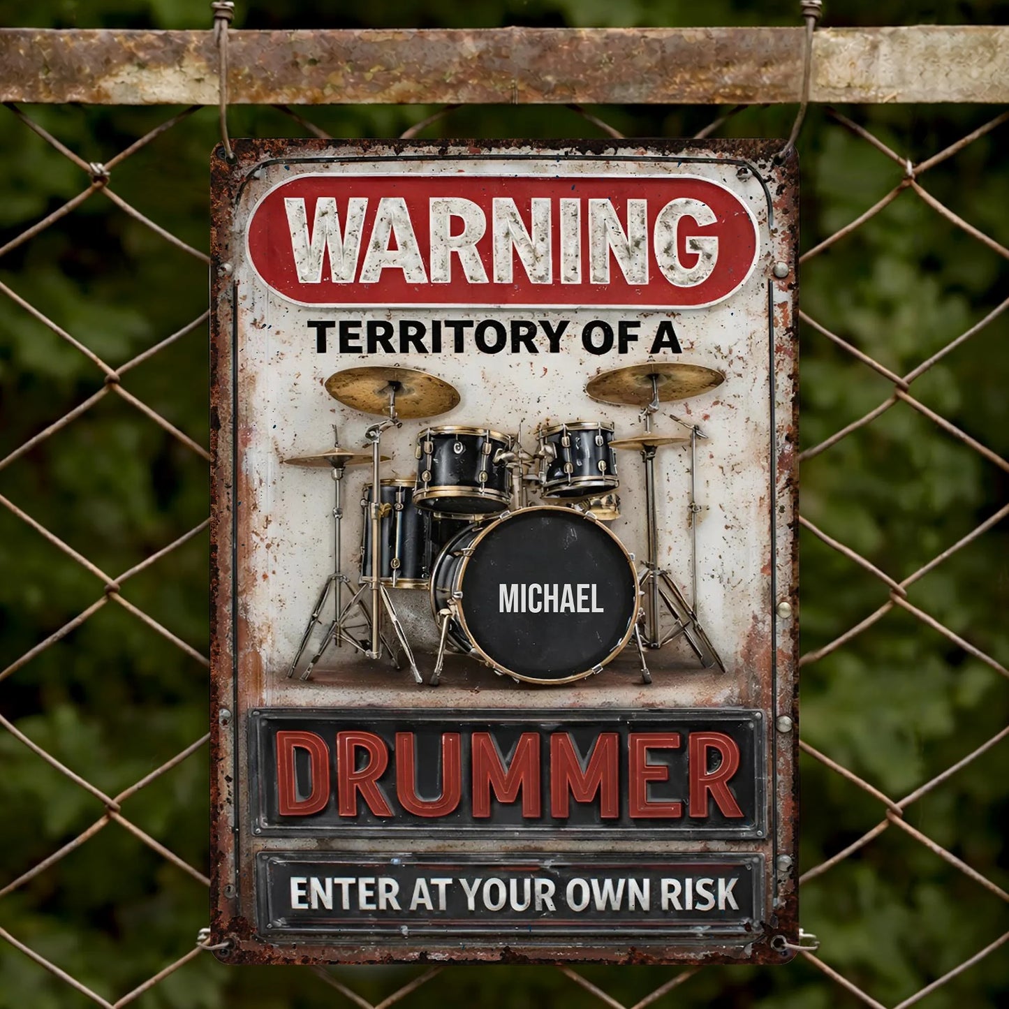 Personalized drummer metal sign featuring a classic drum kit design with custom name print for music room decor image 8