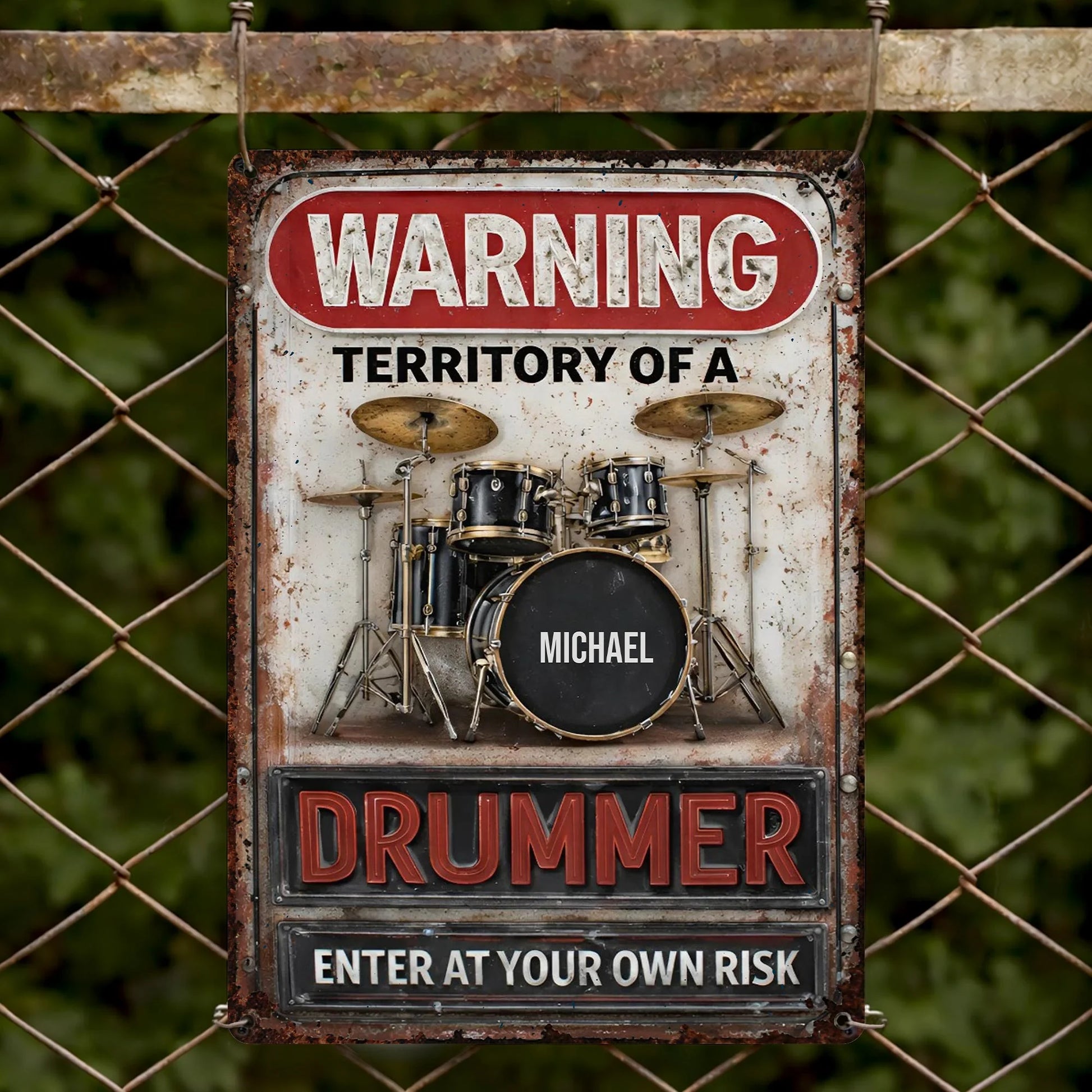 Personalized drummer metal sign featuring a classic drum kit design with custom name print for music room decor image 8